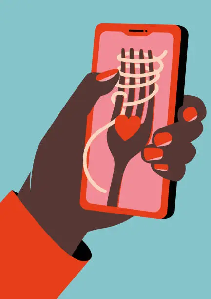 Vector illustration of Hand holding a mobile phone with food