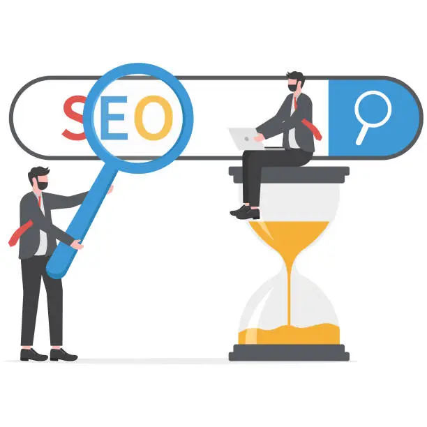 Vector illustration of Business people using magnifying glass searching Seo analysis on the search bar,seo strategies and marketing concept vector illustrator.