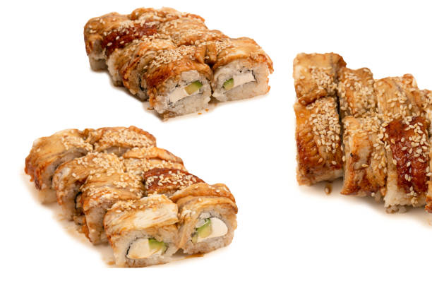 Sushi with cream cheese and eel isolated on a white background.