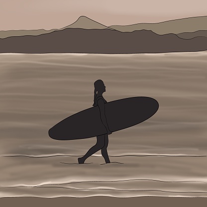 A woman with a surfboard walking on a beach. Illustration