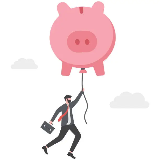 Vector illustration of Financial freedom or financial independence concept, wealthy rich businessman floating high in the sky with a piggy bank balloon.