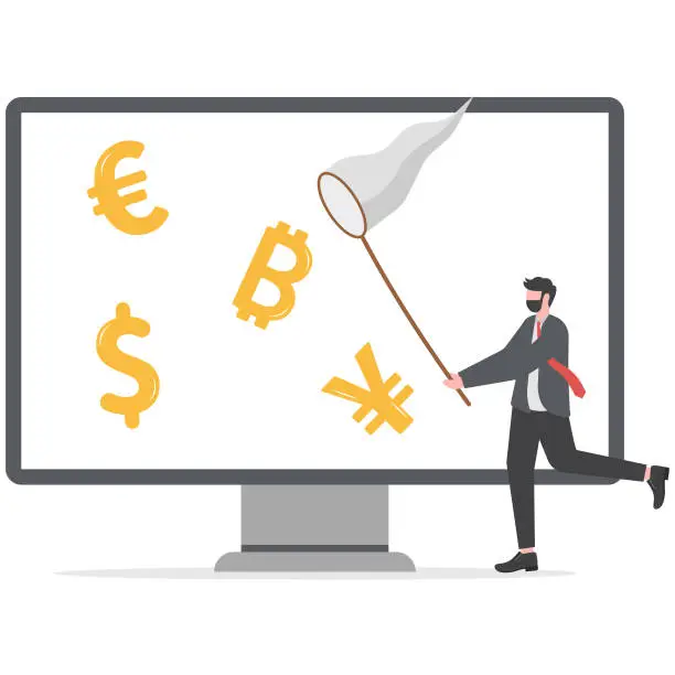Vector illustration of Businessmen through the laptop holding butterfly net catch dollar euro yuan bitcoin money growth wealth exchange. Flat vector illustration.