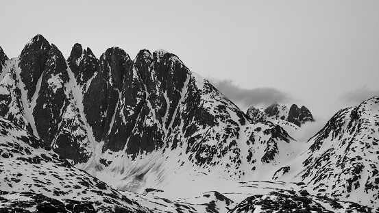 Tooth like mountains in North America in black and white