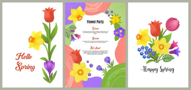 Vector illustration of Spring card or cover design set with blooming flowers.