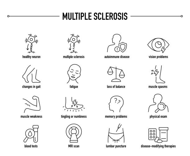 Multiple Sclerosis symptoms, diagnostic and treatment vector icons Multiple Sclerosis vector icon set. Line editable medical icons. medulla stock illustrations