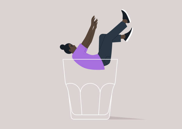 illustrazioni stock, clip art, cartoni animati e icone di tendenza di a character falling into the depths of an empty glass, symbolizing the descent into the metaphorical rock bottom, associated with alcohol problems - alcoholism drunk hangover grief