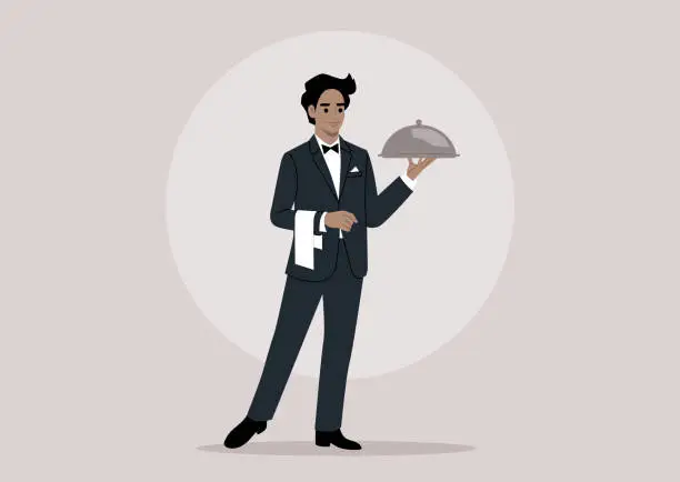 Vector illustration of A refined waiter, donned in a sleek black tuxedo with a napkin draped over their hand, gracefully serves a dish covered with a metal cloche