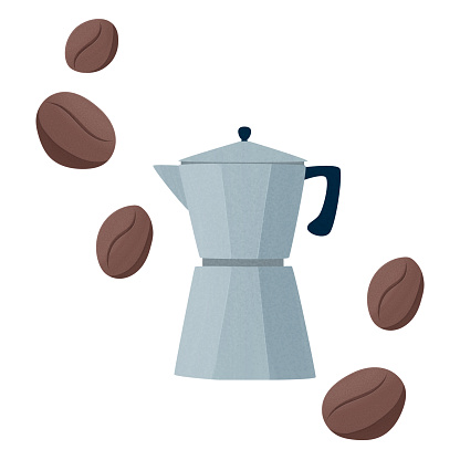 Geiser coffee maker. Italian coffee maker in cartoon style. Coffee beans. Vector illustration. Menu for cafes and restaurants.