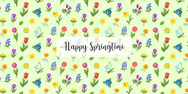 Vector illustration of Spring flowers horizontal background.