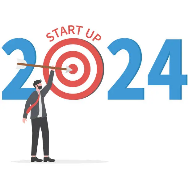 Vector illustration of Businessman target button to start up new business in 2024 goals to success vector illustrator
