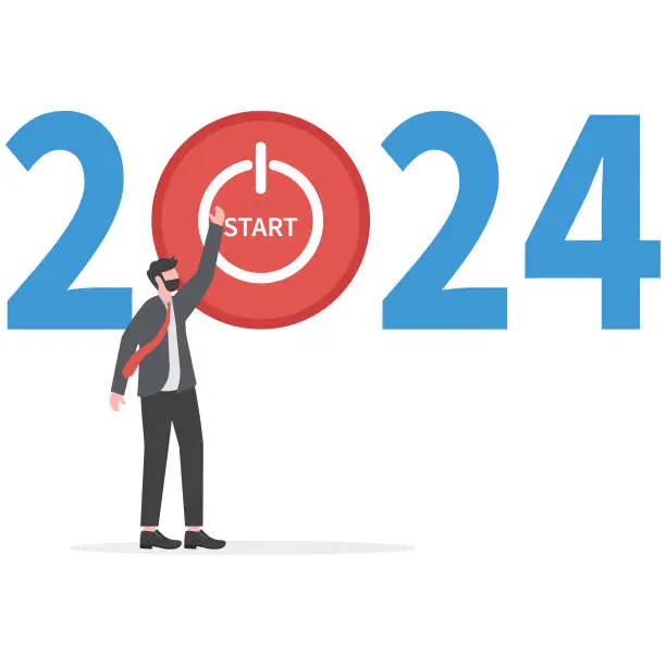 Vector illustration of Start up company Goals for the year 2024 ,businessman pushing start button to start up new business in 2024 vector illustrator