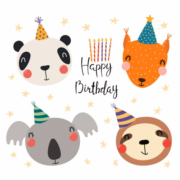 Cute animals birthday card Hand drawn birthday card with cute funny panda, squirrel, koala, sloth in party hats, stars, quote. Isolated objects. Scandinavian style flat design. Vector illustration. Concept for kids print. happy birthday hand lettering clip art stock illustrations