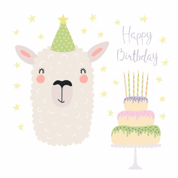Cute llama birthday card Hand drawn birthday card with cute funny llama in a party hat, cake with candles, quote Happy birthday. Isolated objects. Scandinavian style flat design. Vector illustration. Concept for kids print. happy birthday hand lettering clip art stock illustrations