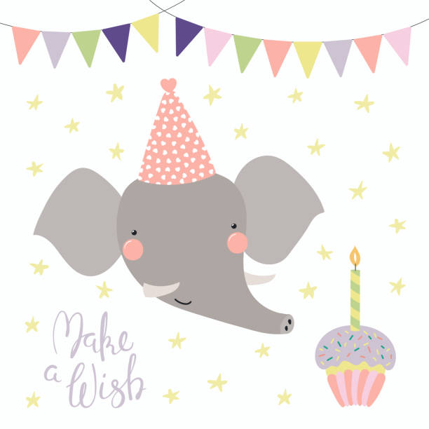 Cute elephant birthday card Hand drawn birthday card with cute funny elephant in a party hat, bunting, cupcake, quote Make a wish. Isolated objects. Scandinavian style flat design. Vector illustration. Concept for kids print. happy birthday hand lettering clip art stock illustrations