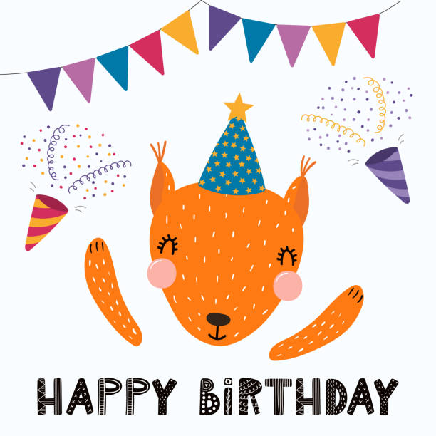 ilustraciones, imágenes clip art, dibujos animados e iconos de stock de tarjeta de cumpleaños linda de ardilla - streamer congratulating party popper birthday