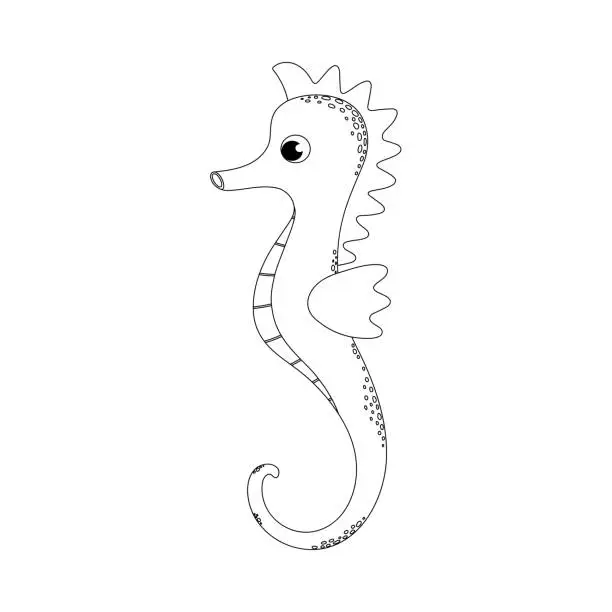 Vector illustration of Seahorse. Cute cartoon inhabitant of the sea. Hippocampus.  Coloring.