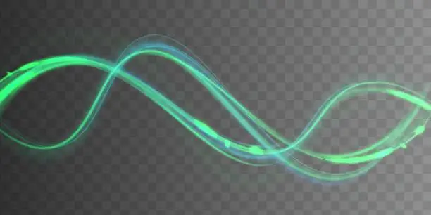 Vector illustration of Light trail wave, fire path trace line, car lights, optic fiber and incandescence curve twirl png. road car headlights. Luminous white lines of speed. Light glowing effect. Abstract motion lines