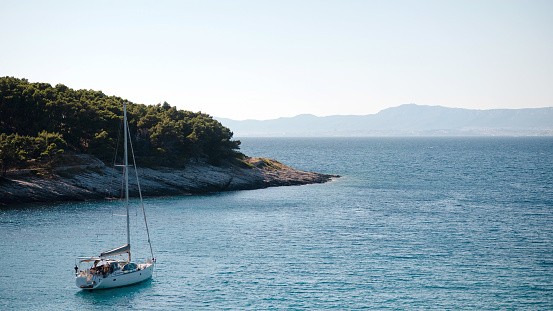 Single modern sailboat sailing on crystal-clear water of Adriatic sea, Croatia. Lush big tree locating in foreground of beautiful landscape. Summer vacation on Brac island.