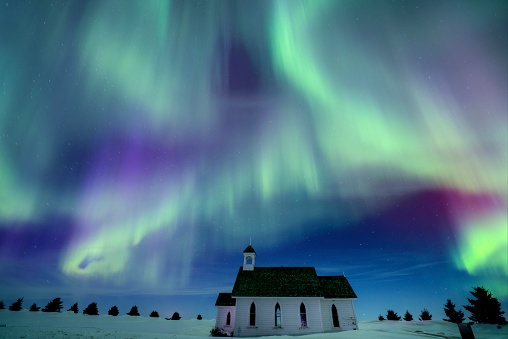 Aurora Northern Lights Saskatchewan Canada Country Church