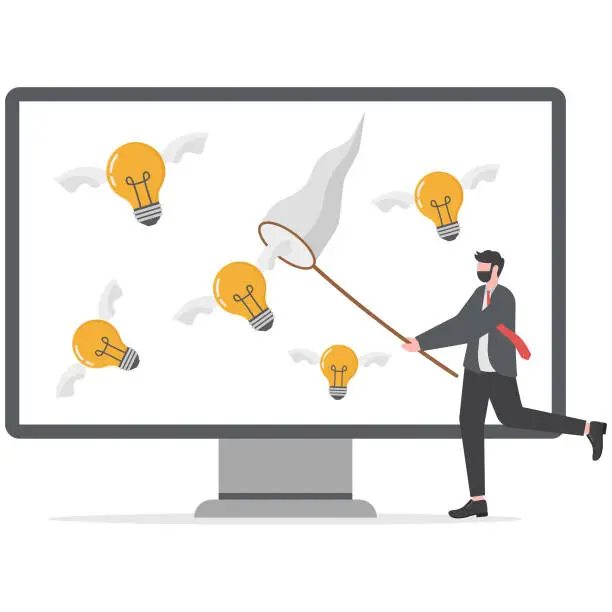 Vector illustration of Capture new business ideas, search for innovation or creativity, brainstorm or invent new discovery project concept, smart businessman chasing and catch flying lightbulb ideas with butterfly net.