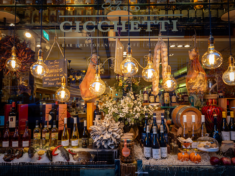London. UK- 01.21.2024. A beautiful window display of a upmarket Italian delicatessen in Piccadilly.