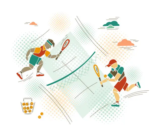 Vector illustration of Tennis Summer Sport. Tennis players on tennis court. Abstract Geometric Style. Vector illustration