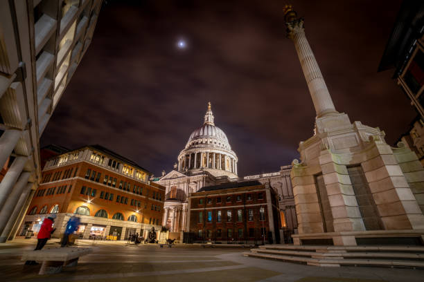 London. UK- 01.20.2024. A night time view of St. Paul's Cathedral from Paternoster Square.