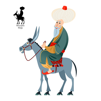 Cheerful oriental man dressed in a robe and turban rides a donkey. Nasreddin Hodja. Vector illustration