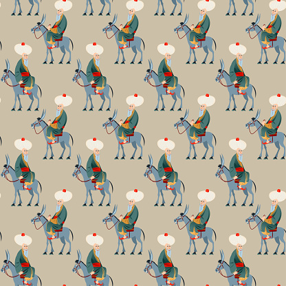 Cheerful oriental man dressed in a robe and turban rides a donkey. Seamless background pattern. Vector illustration
