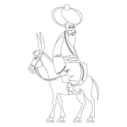 Cheerful oriental man dressed in a robe and turban rides a donkey backwards. Nasreddin Hodja. Coloring page. Vector illustration