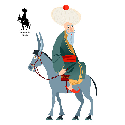 Cheerful oriental man dressed in a robe and turban rides a donkey backwards. Nasreddin Hodja. Vector illustration