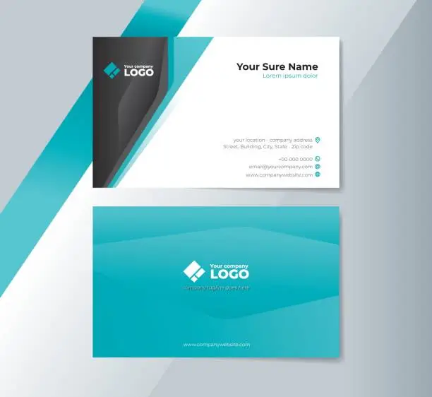 Vector illustration of Double sided business card templates design with aqua blue black and white abstract shape on white background