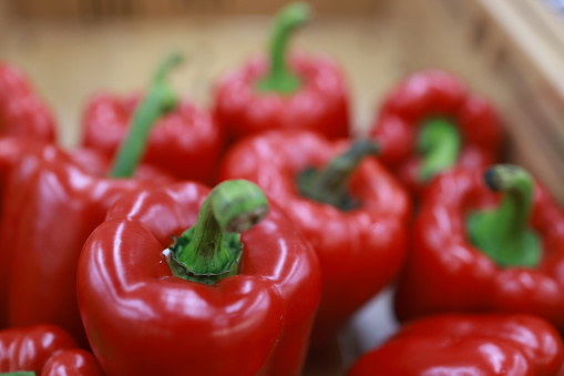 red belly peppers in the shop for vegetarian meals.  giant red chili selling in supermarkets, vegetable and food concept