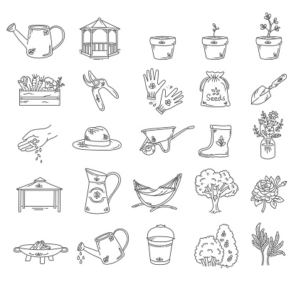 25 beautiful hand drawn garden icon set vector illustration, gardening pictograms art