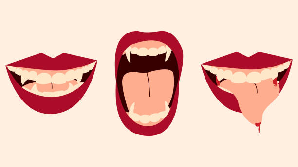 istock Vector flat illustration of a vampire mouth.Girl lips in blood,vampire fangs 1957455333