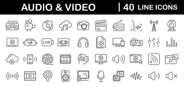 Audio Video set of web icons in line style. Music and Video icons for web and mobile app. Podcast, video media player, radio, song. Vector illustration