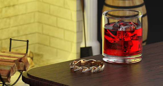 3D illustration of gold spiral diamond ring and whiskey glass on a table in front of a fireplace. 3D rendering.