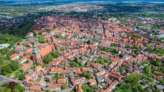 Aerial view of the old town of Lüneburg in Germany. On a sunny day in spring