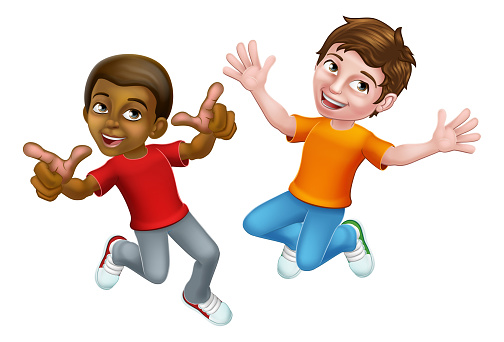 Two kids boys cartoon character children jumping for joy