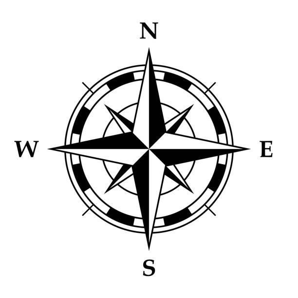 Compass rose symbol, black and white vector illustration of four cardinal directions, white background