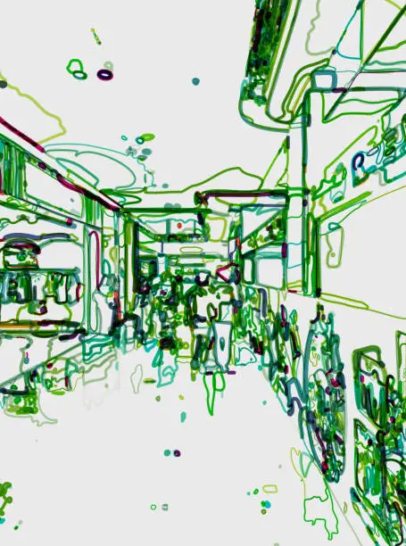 Vector illustration of abstract green line art style shopping centre scene art illustration background