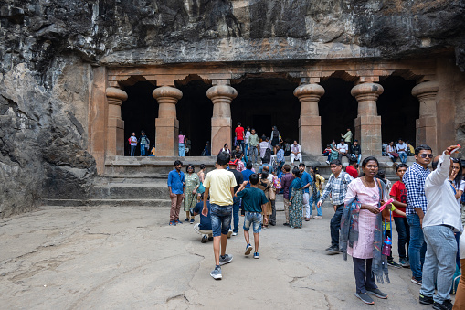 Mumbai, Maharashtra, India, 2nd of January 2024, Indian tourists visiting the temple of Elephanta island,