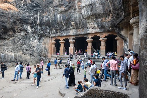 Mumbai, Maharashtra, India, 2nd of January 2024, Indian tourists visiting the temple of Elephanta island,