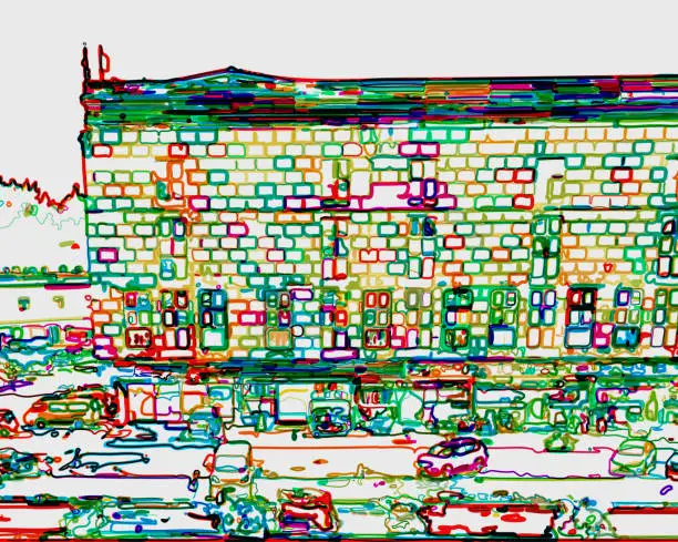 Vector illustration of abstract line art neon city shopping mall scene illustration background
