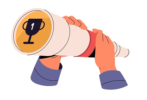 Person holds, looks through telescope. People search opportunities to achieve goal, success, win. Character finds way to catch gold trophy, prize. Flat isolated vector illustration on white background.