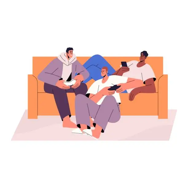 Vector illustration of Guy friends meeting, play videogame console, spend time together. Happy young men gamers with controllers, joysticks sitting on sofa. Multiplayer video game. Flat isolated vector illustration on white
