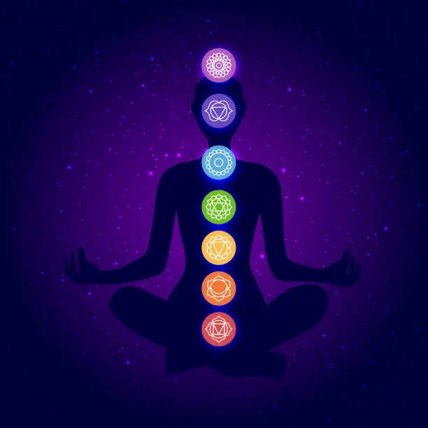 Vector illustration of human body silhouette with chakras icons