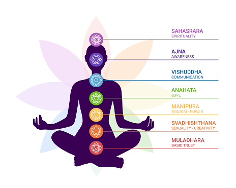 human body silhouette with chakras icons with titles. Meditating woman in lotus position. Chakras icons illustration