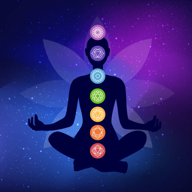 human body silhouette with chakras icons human body silhouette with chakras icons. Meditating woman in lotus position on a space background. Chakras icons illustration chakra stock illustrations