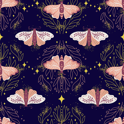 Seamless pattern with butterflies night moth with sparklings, twigs, stars and fairy dust on dark background. Vector celestial boho print